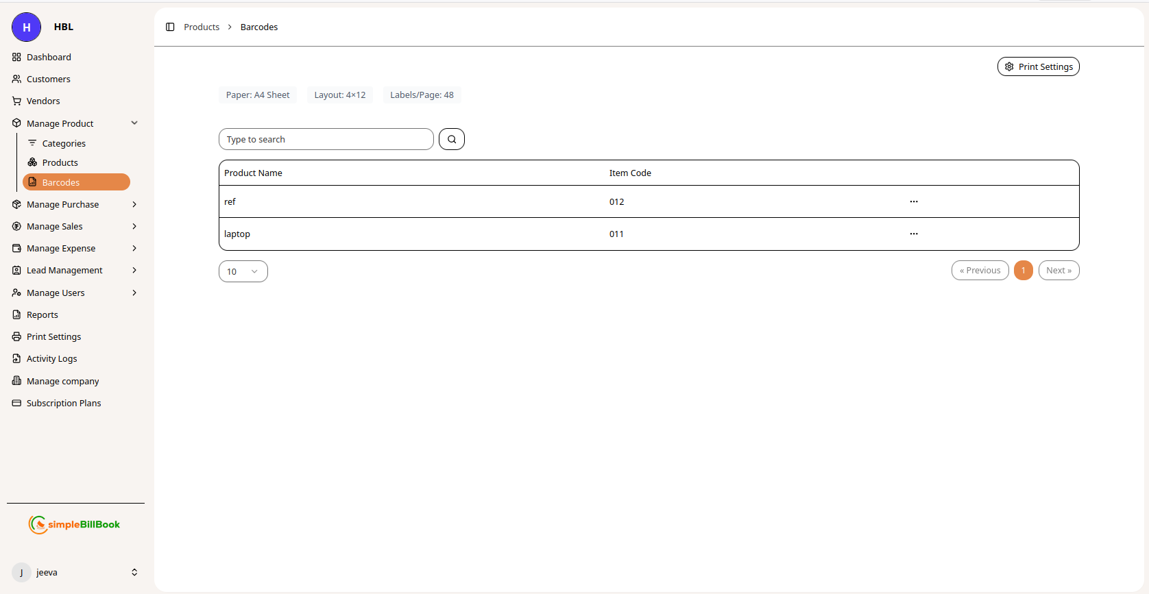 Barcode Management Interface