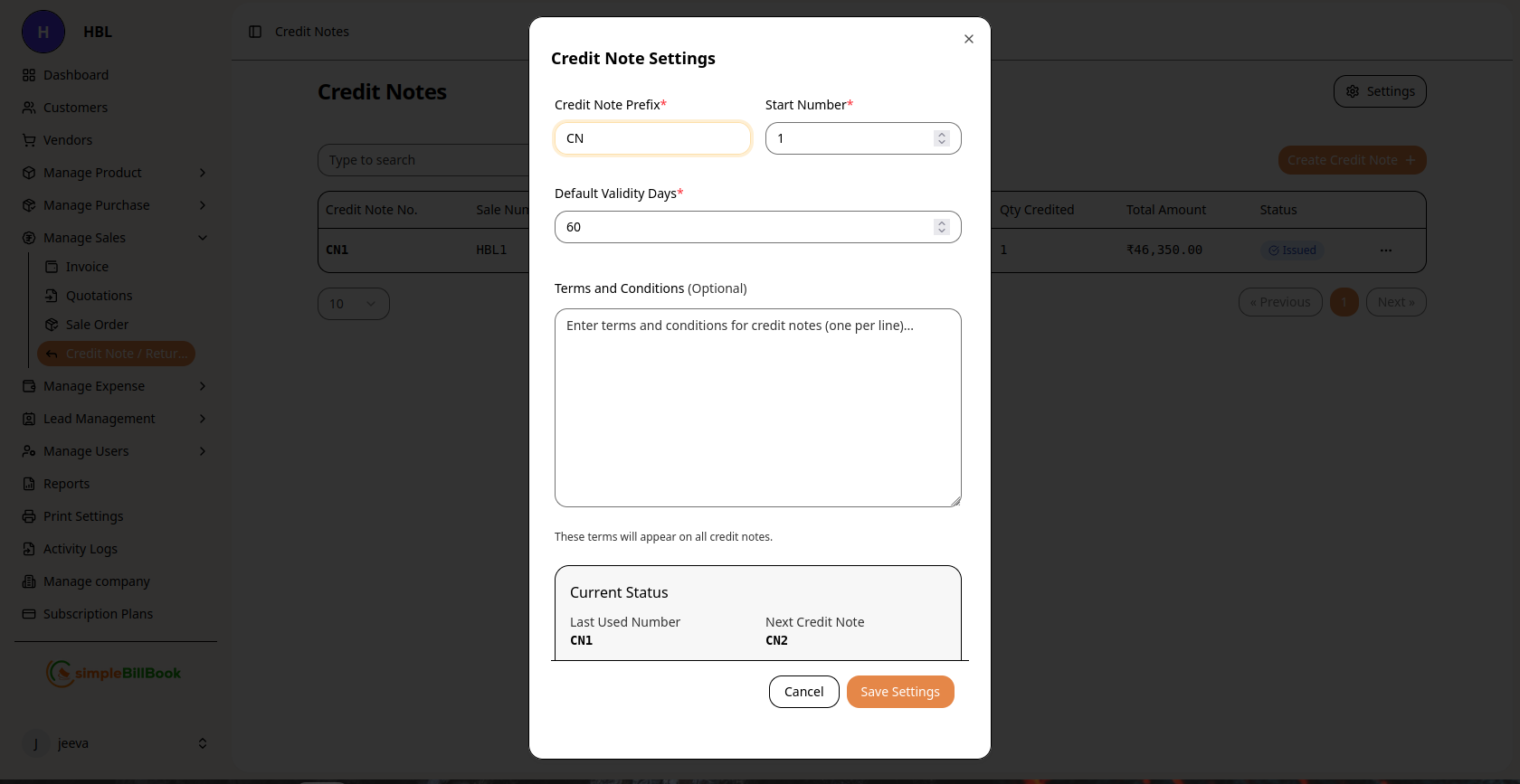 Credit Note Settings