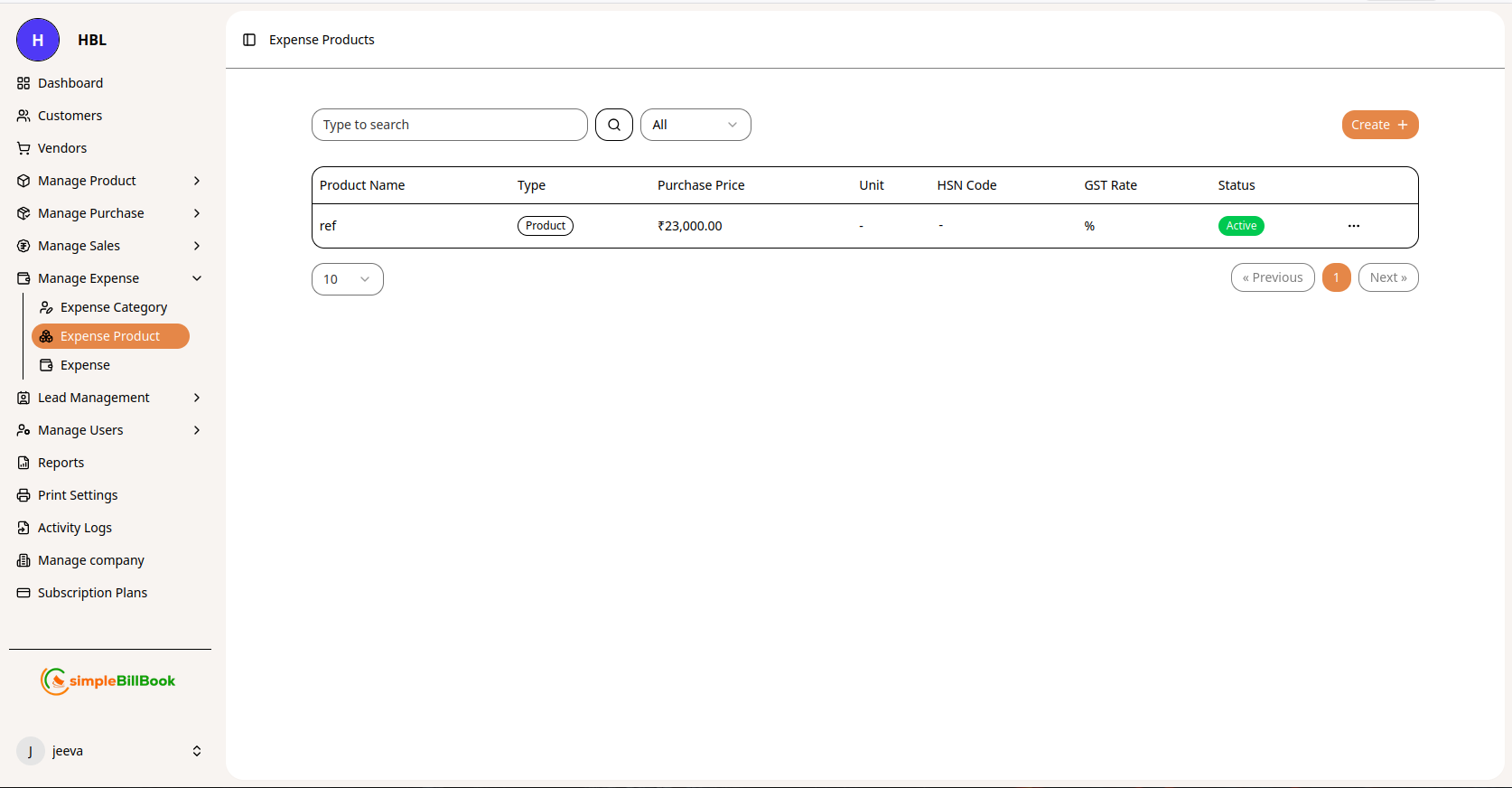 Expense Products List