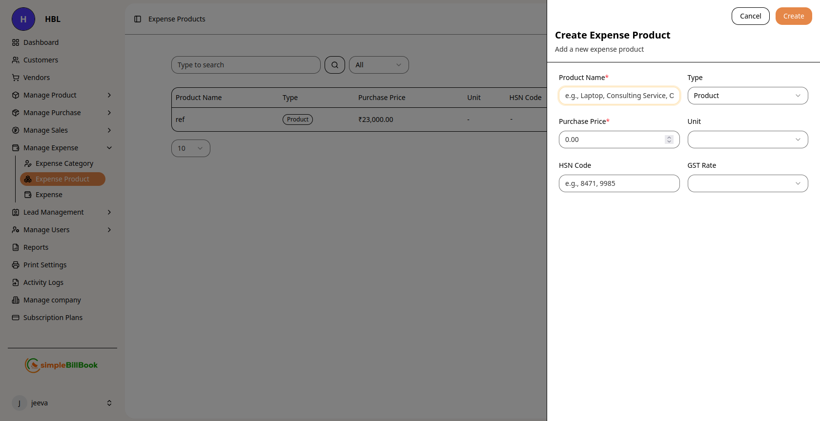 Create Expense Product Form