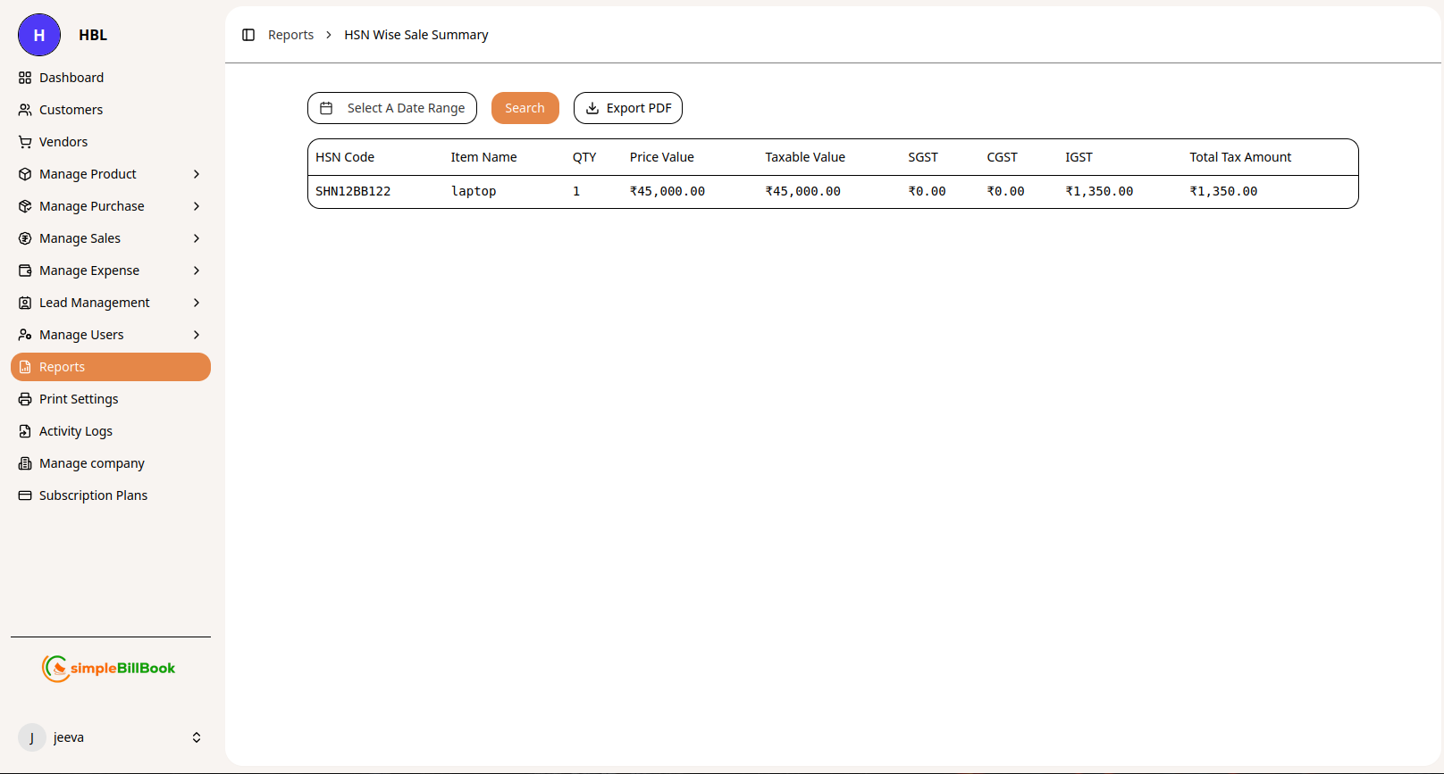 HSN Wise Sales Summary