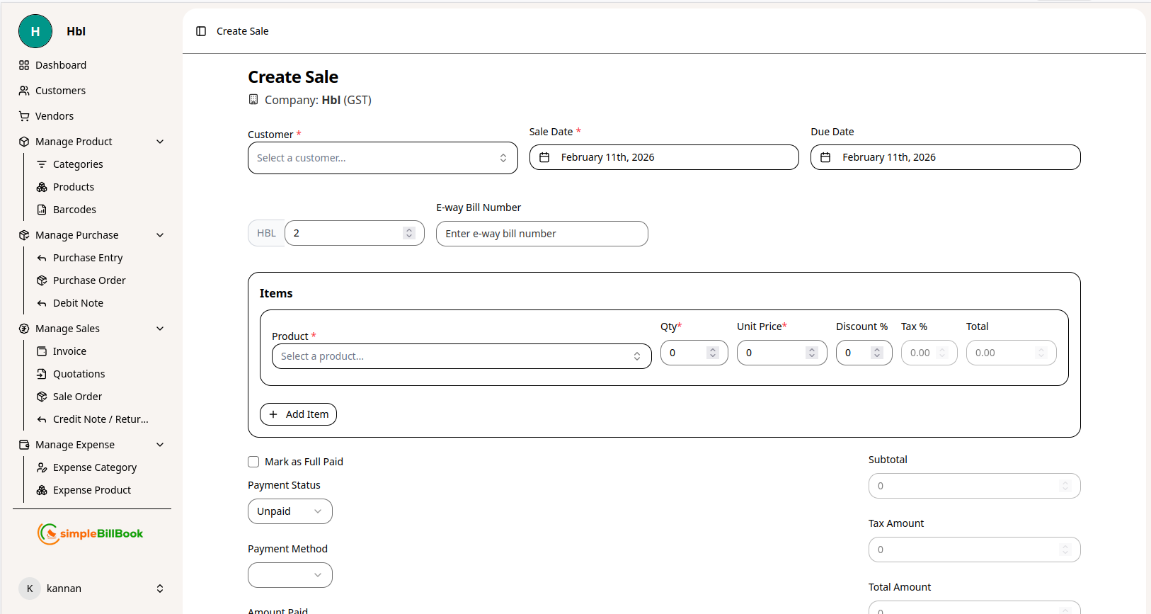 Create Sale Form
