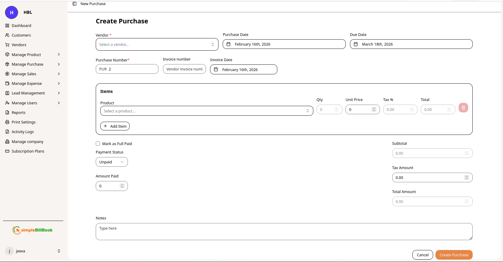Purchase Creation Form