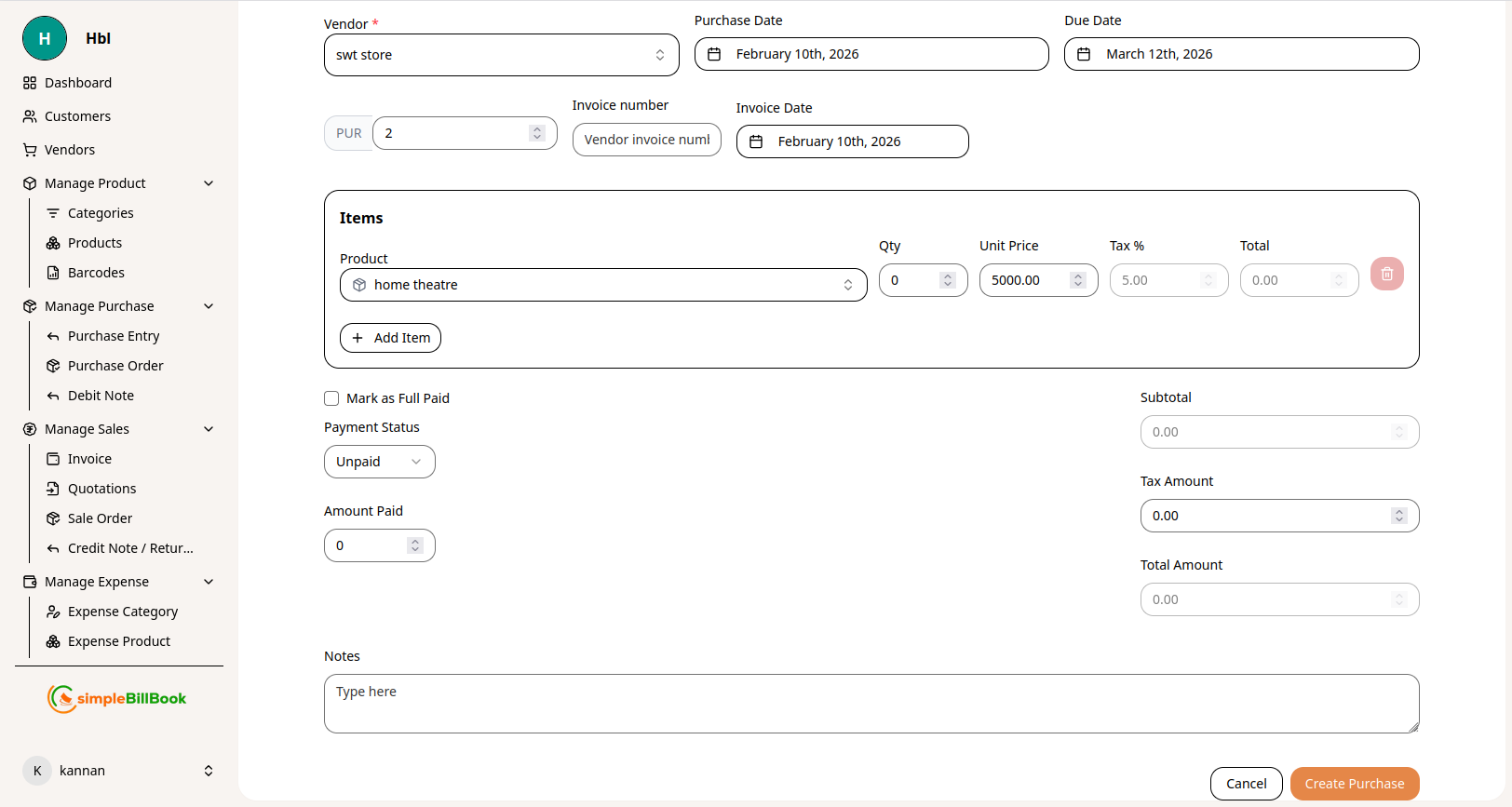Purchase Creation Form