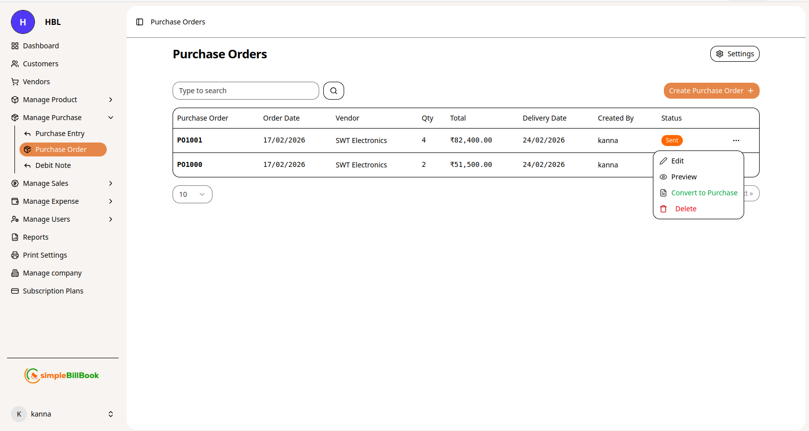 Purchase Order Actions