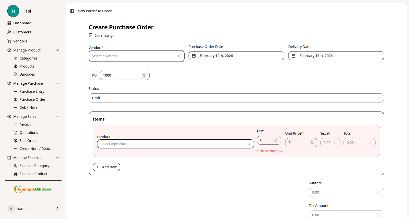 New Purchase Order Form