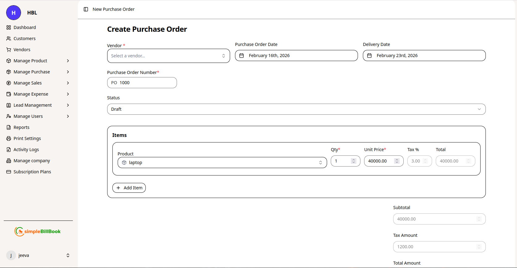 New Purchase Order Form