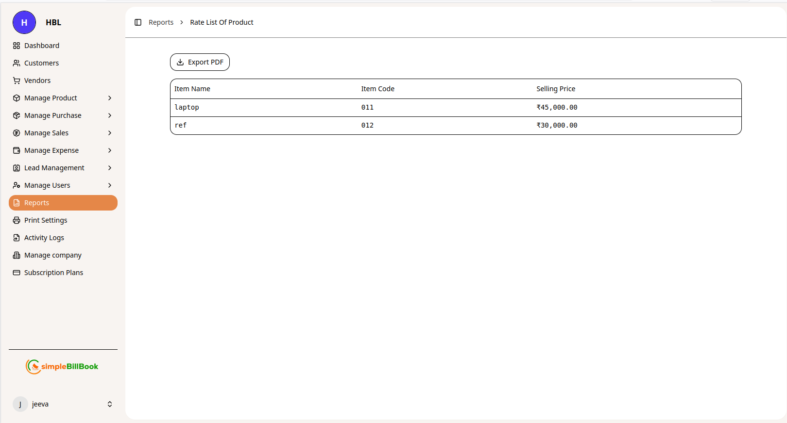 Rate List of Products