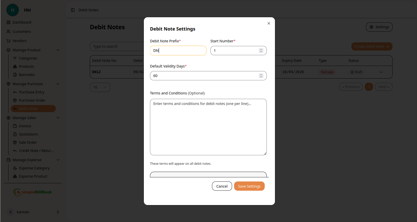 டெபிட் நோட் அமைப்புகள்