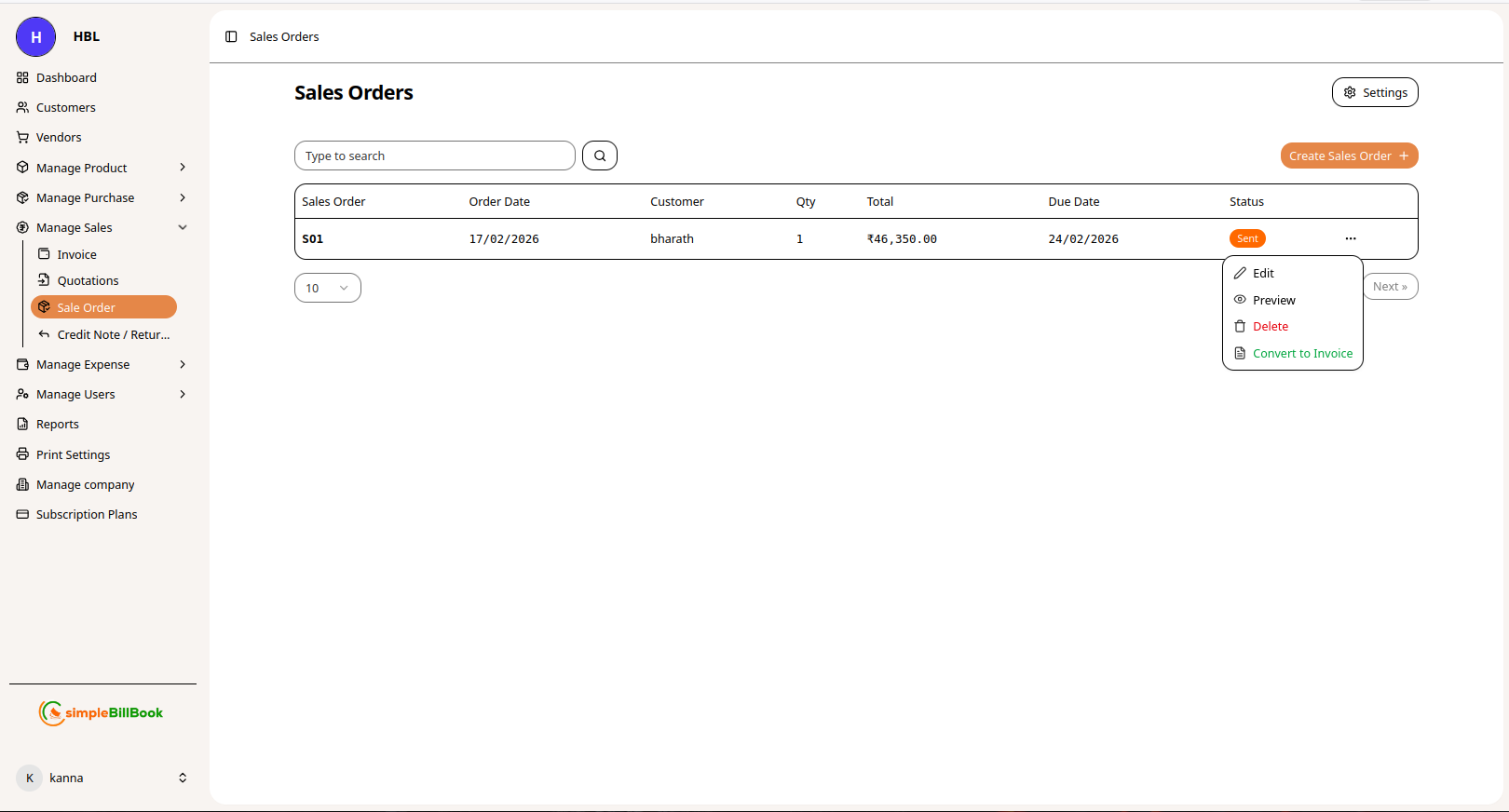 விற்பனை ஆர்டர் செயல்கள்